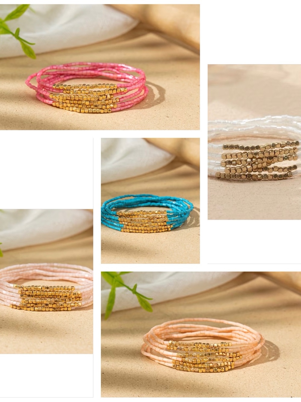 3Pcs. Gold Beaded Multistrand Seed Bead Bracelet